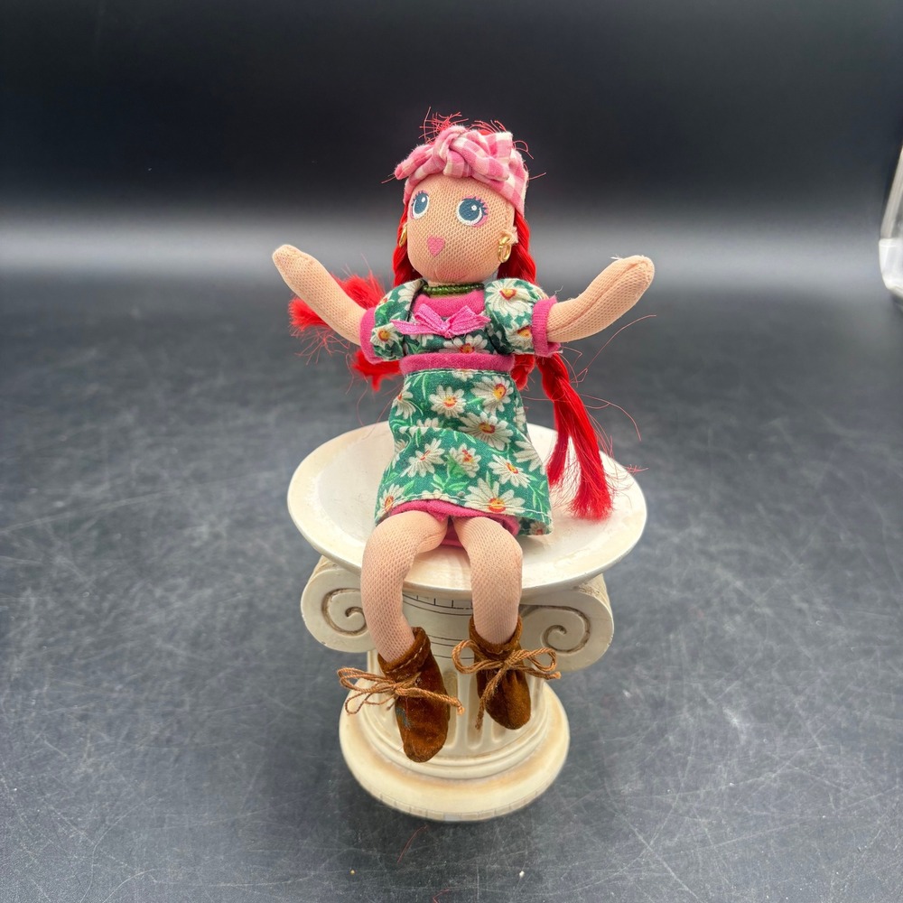 Vtg RARE HTF Mini Cloth Doll Red Braided Hair Green Daisy Dress Brown Boots 5.5"